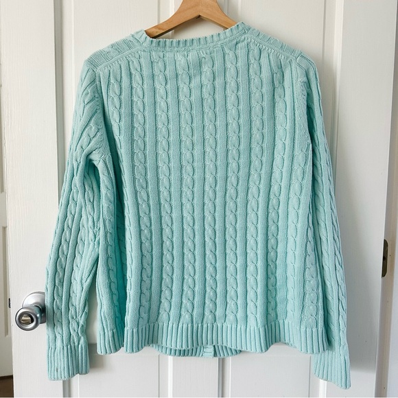 L.L. Bean Cable Knit Cotton Cardigan Sweater Light Aqua Blue Mint Size L - Picture 2 of 10